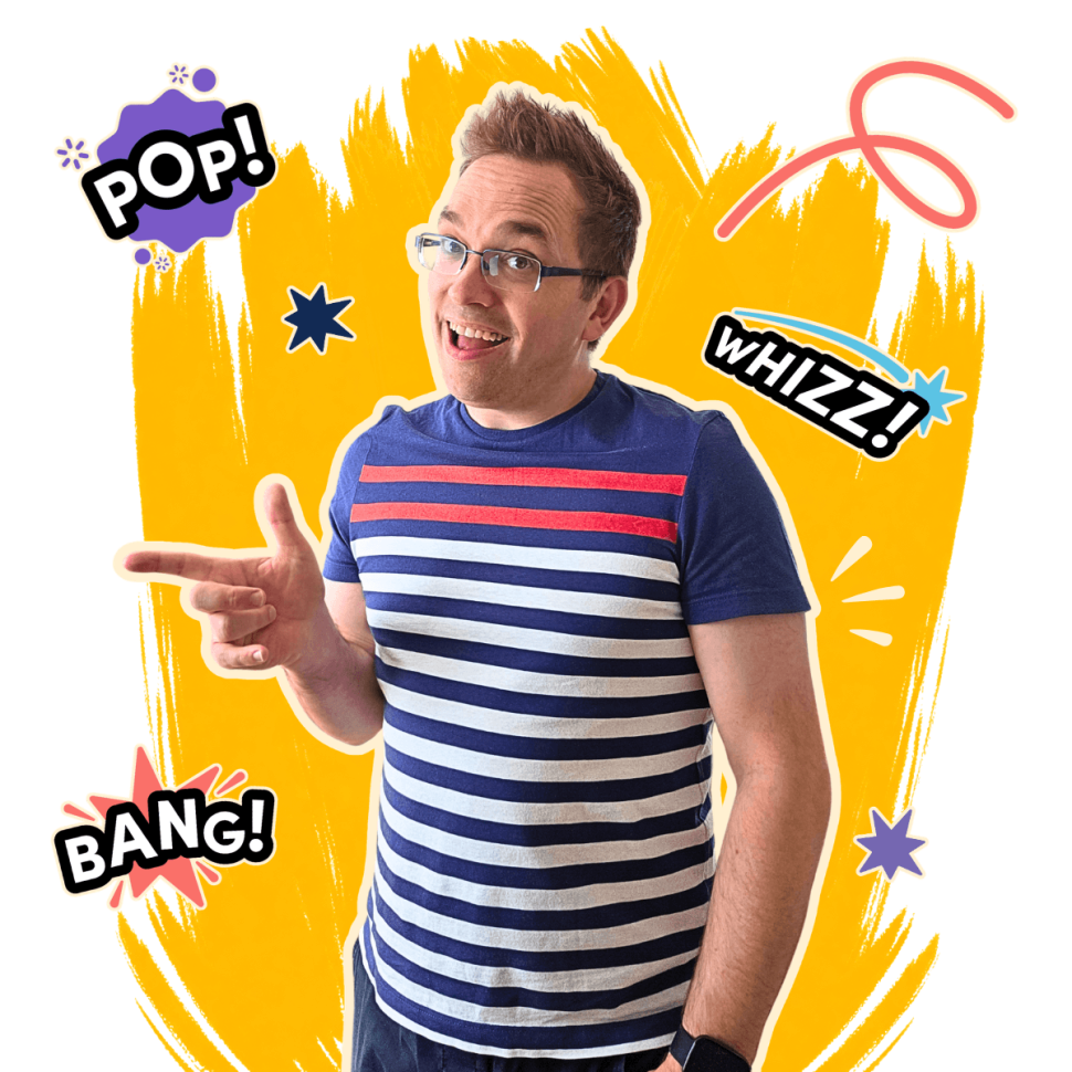 Matt Drzymala, specialist in copywriting for playful brands, of Indelible Think based in Liverpool pointing at the main hero headline. Wearing a blue and white striped t shirt with red and blue stripes at the top.